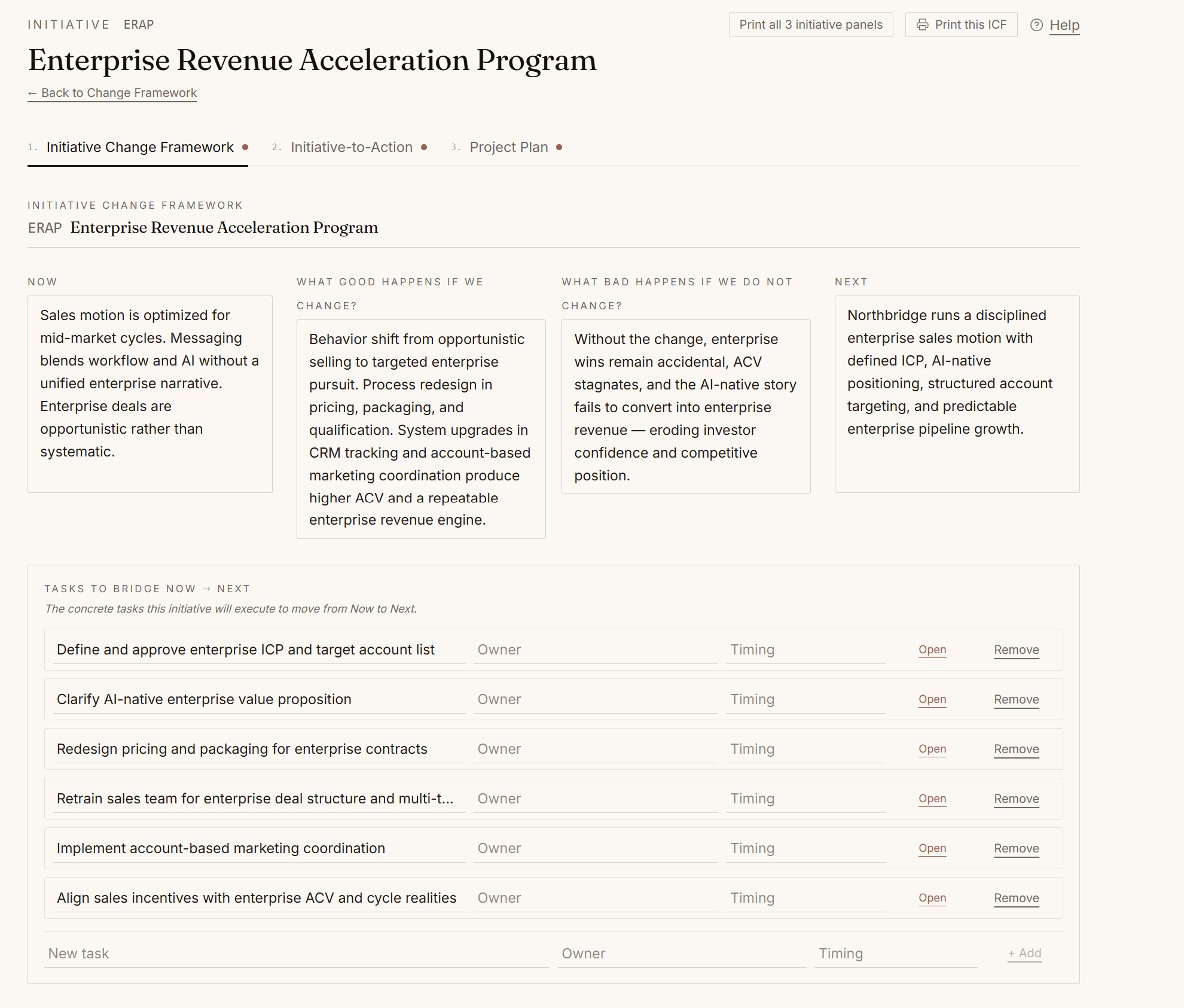 Initiative Change Framework view with structured fields and AI-guided assessment.
