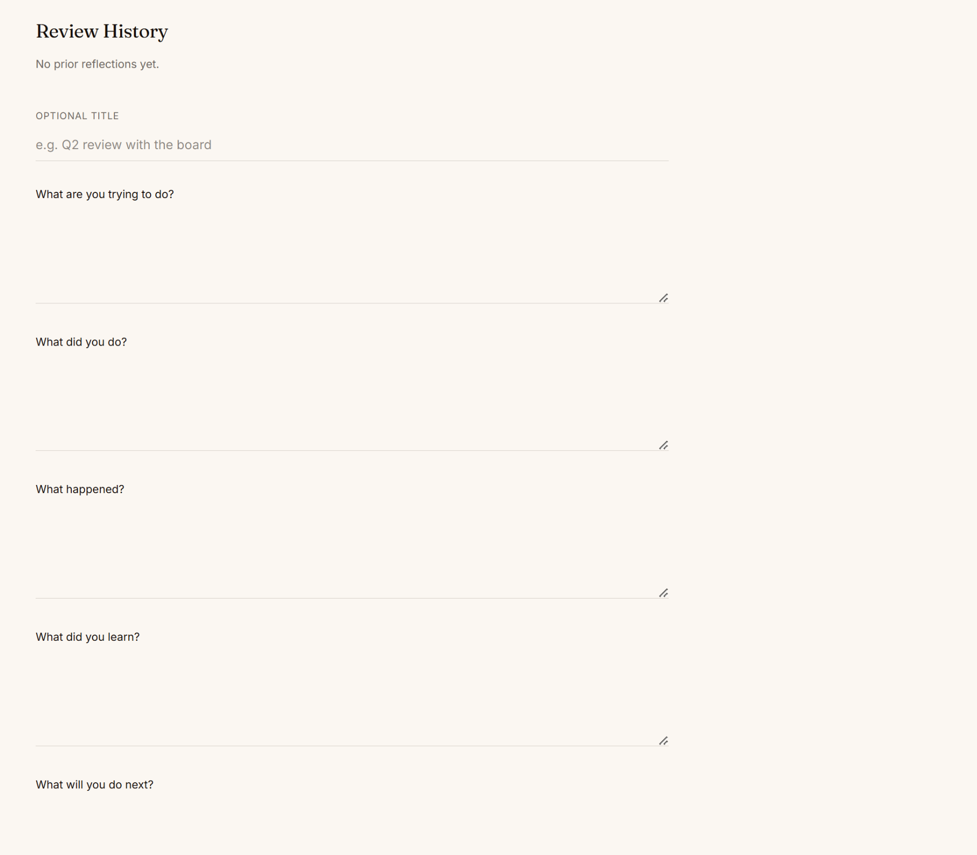Executive Review page with prompts for what you're trying to do, what you did, and what happened.