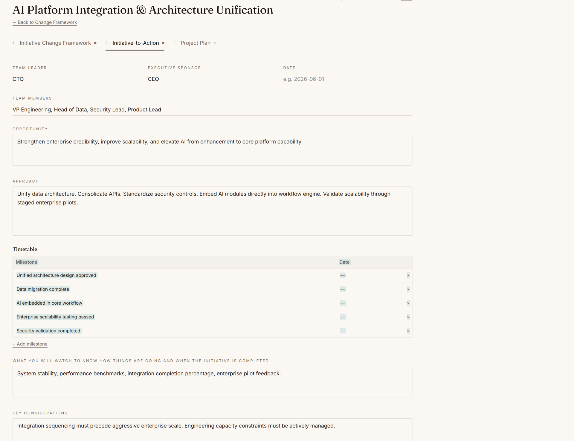 Initiative to Action page with owner, milestones, risks, and governance fields.