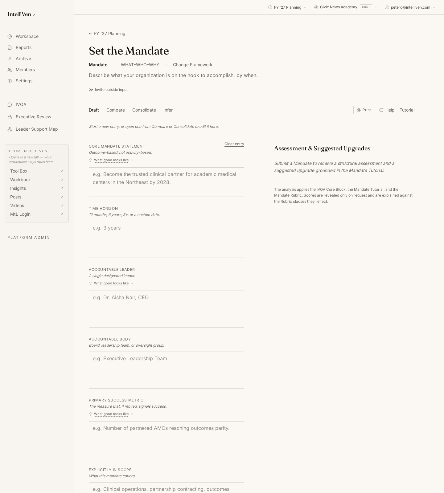 Mandate articulation page with IVOA assessment scoring outcome, horizon, accountability, and metric.