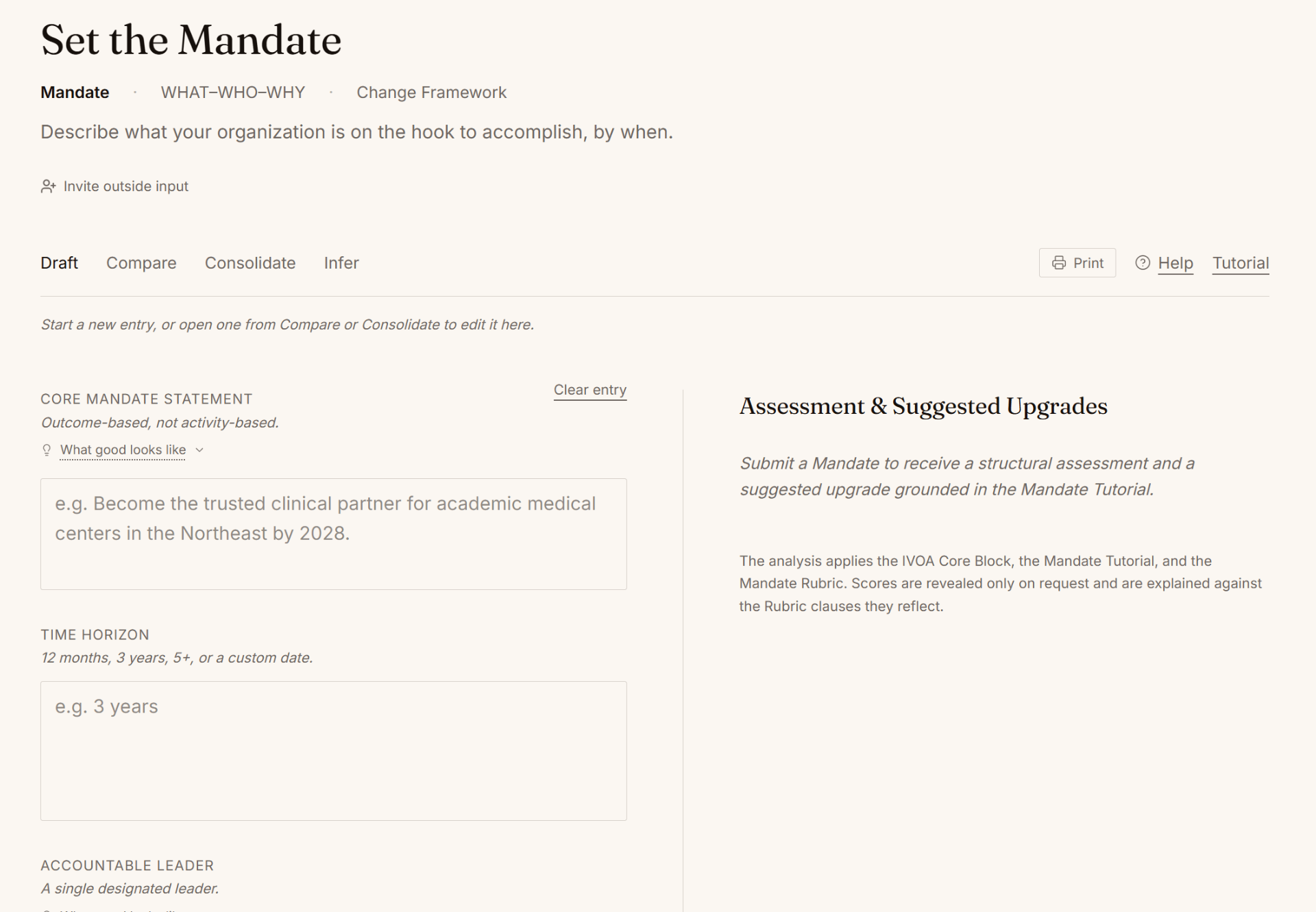Mandate articulation page with IVOA assessment scoring outcome, horizon, accountability, and metric.