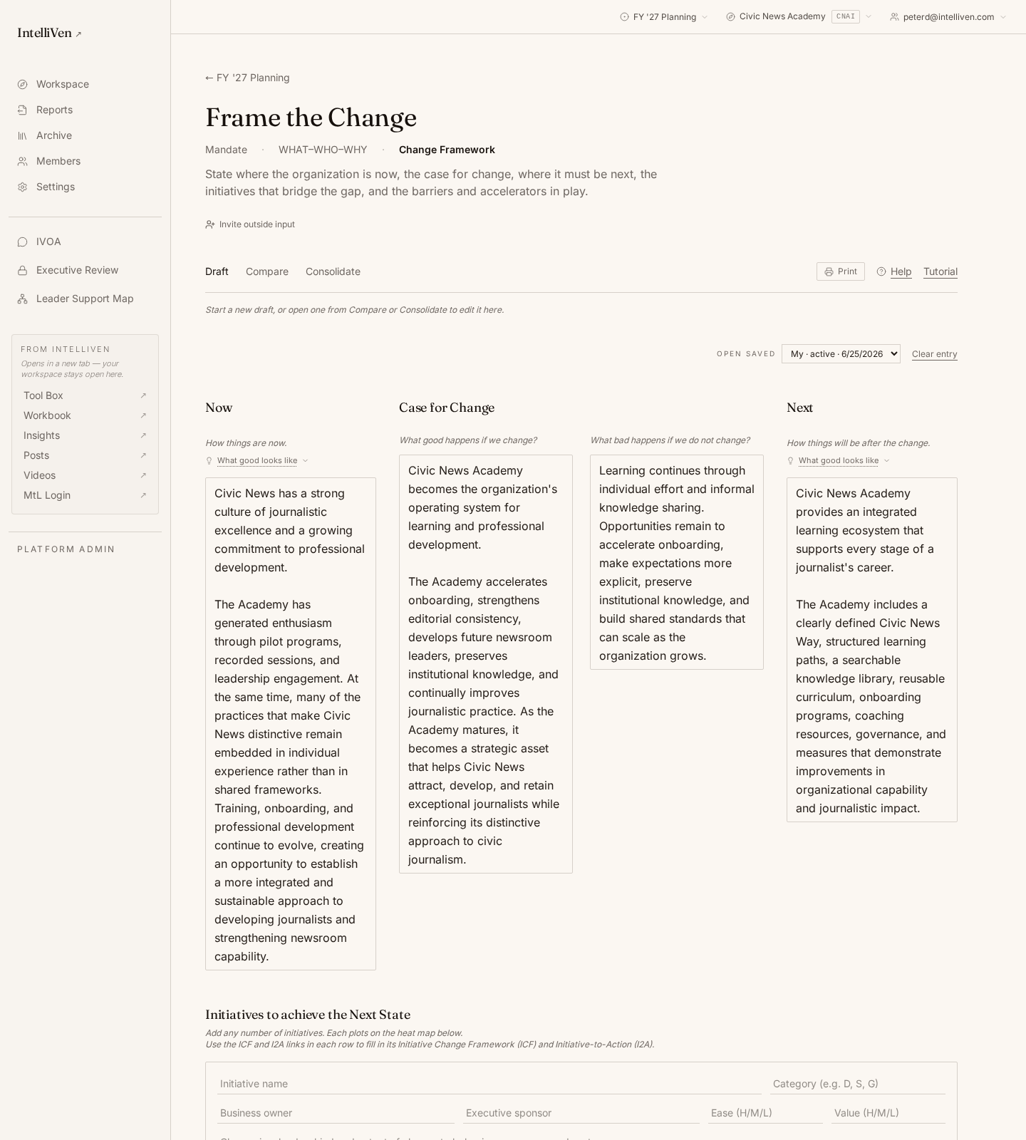 Change Framework page showing NOW, Case for Change, NEXT, Initiatives, and Barriers.