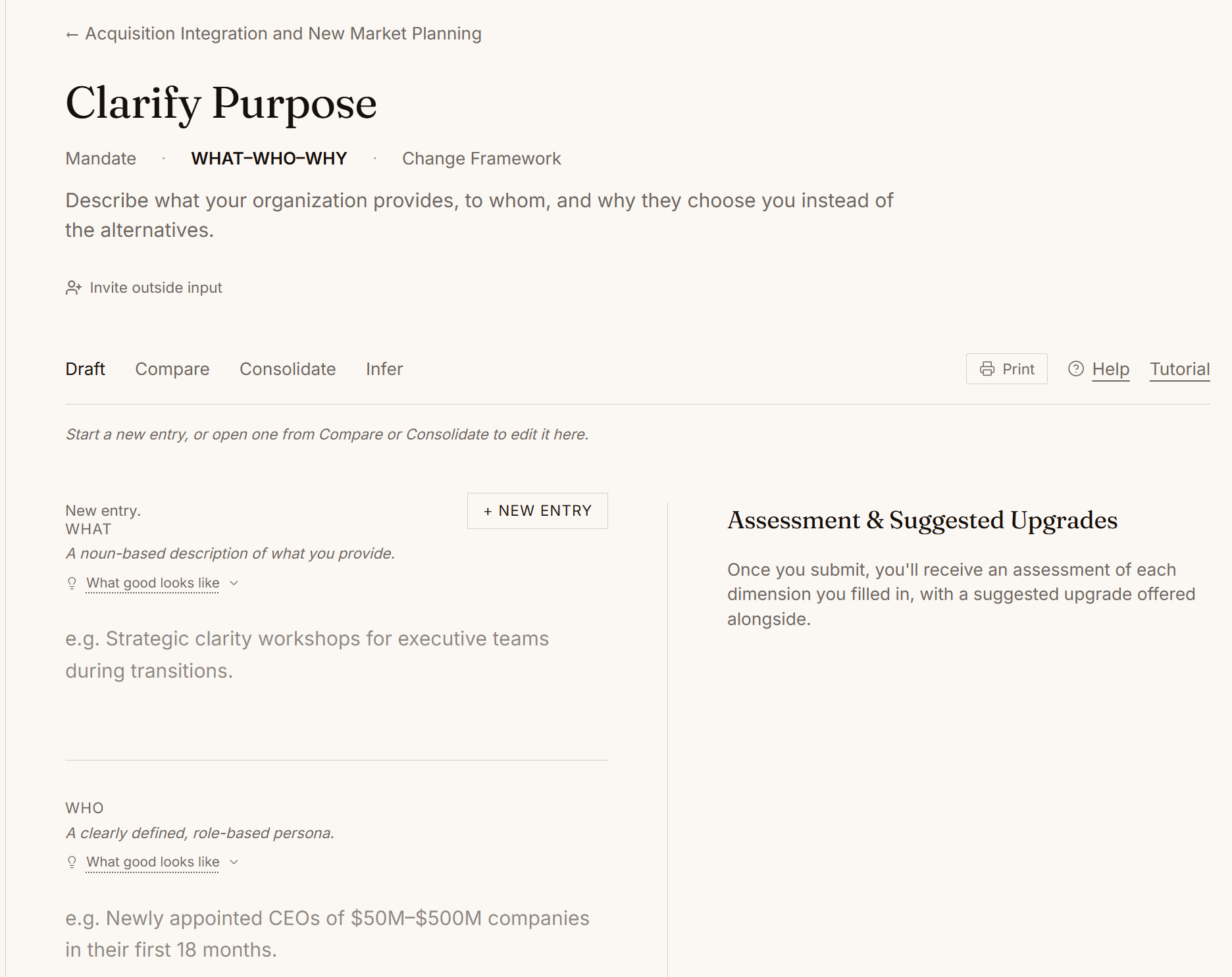 WHAT-WHO-WHY articulation with inferred draft from an external URL and IVOA scoring for each of the three questions.